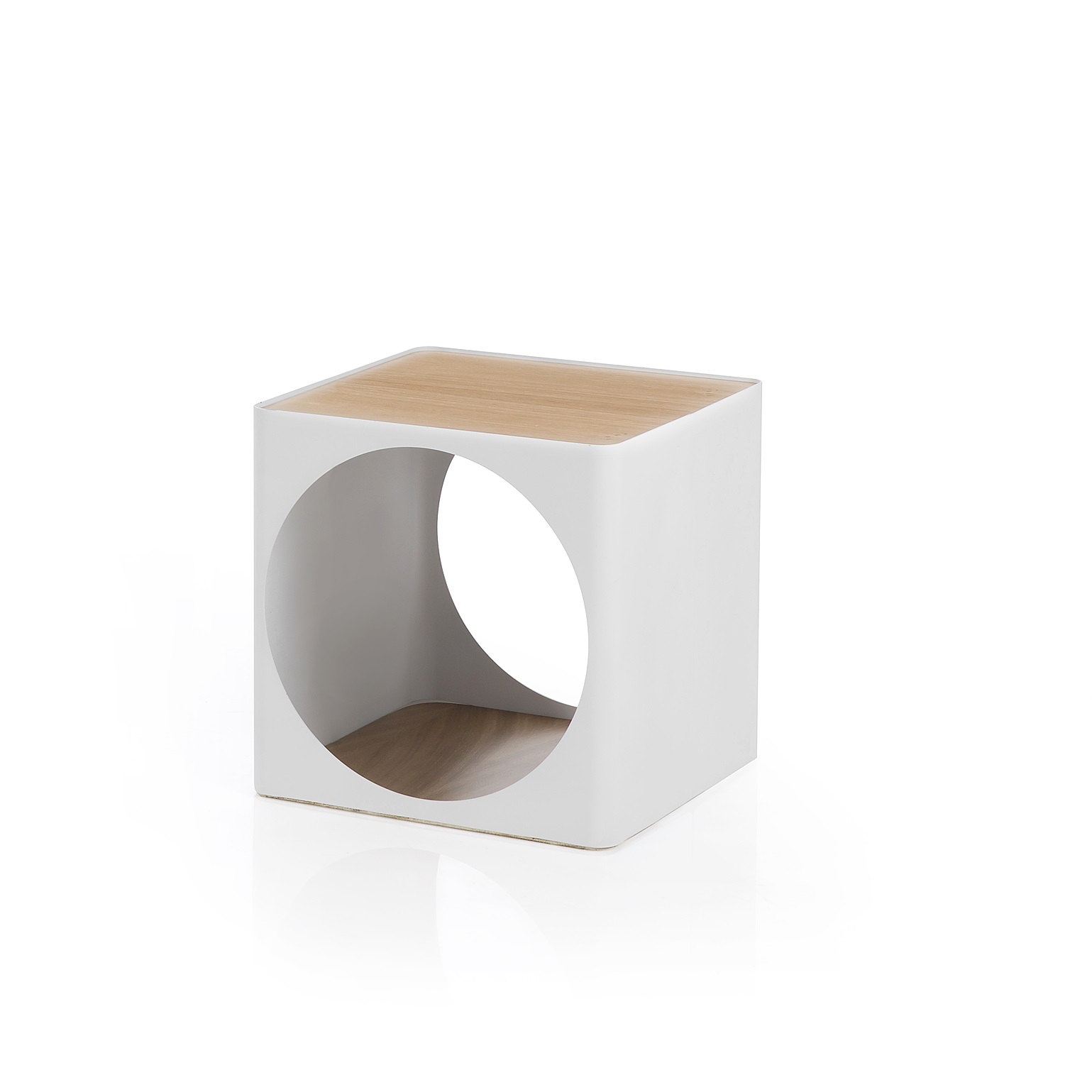 Ring Container B-Line: Weißer, würfelförmiger Beistelltisch mit Holzelementen und kreisrunder Öffnung für Stauraum. Modernes Möbelstück.