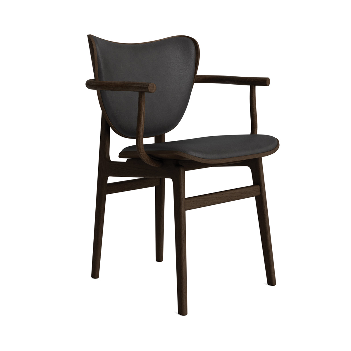 NORR11 Elephant Dining Chair mit Armlehnen, dunkelbraunes Holzgestell und grau gepolsterte Sitzfläche.