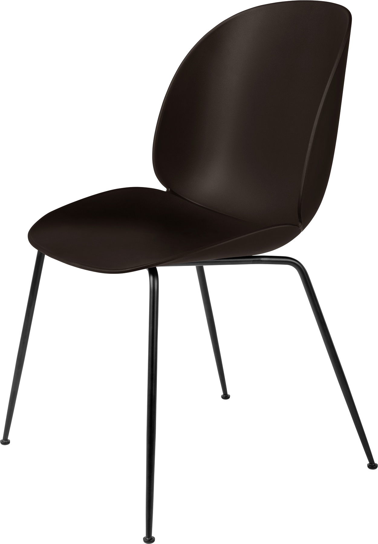Brauner Beetle Chair Esszimmerstuhl von Gubi mit konischem, schwarzem Metallgestell, ungepolstert.