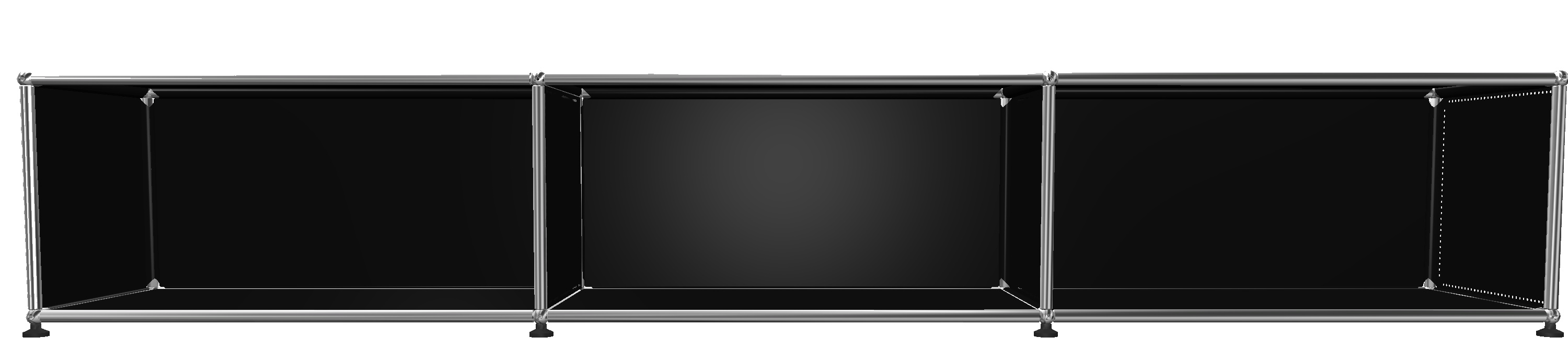 USM Haller Lowboard in Graphitschwarz, offene Fächer, modernes Designmöbel für Wohnzimmer und Büro.