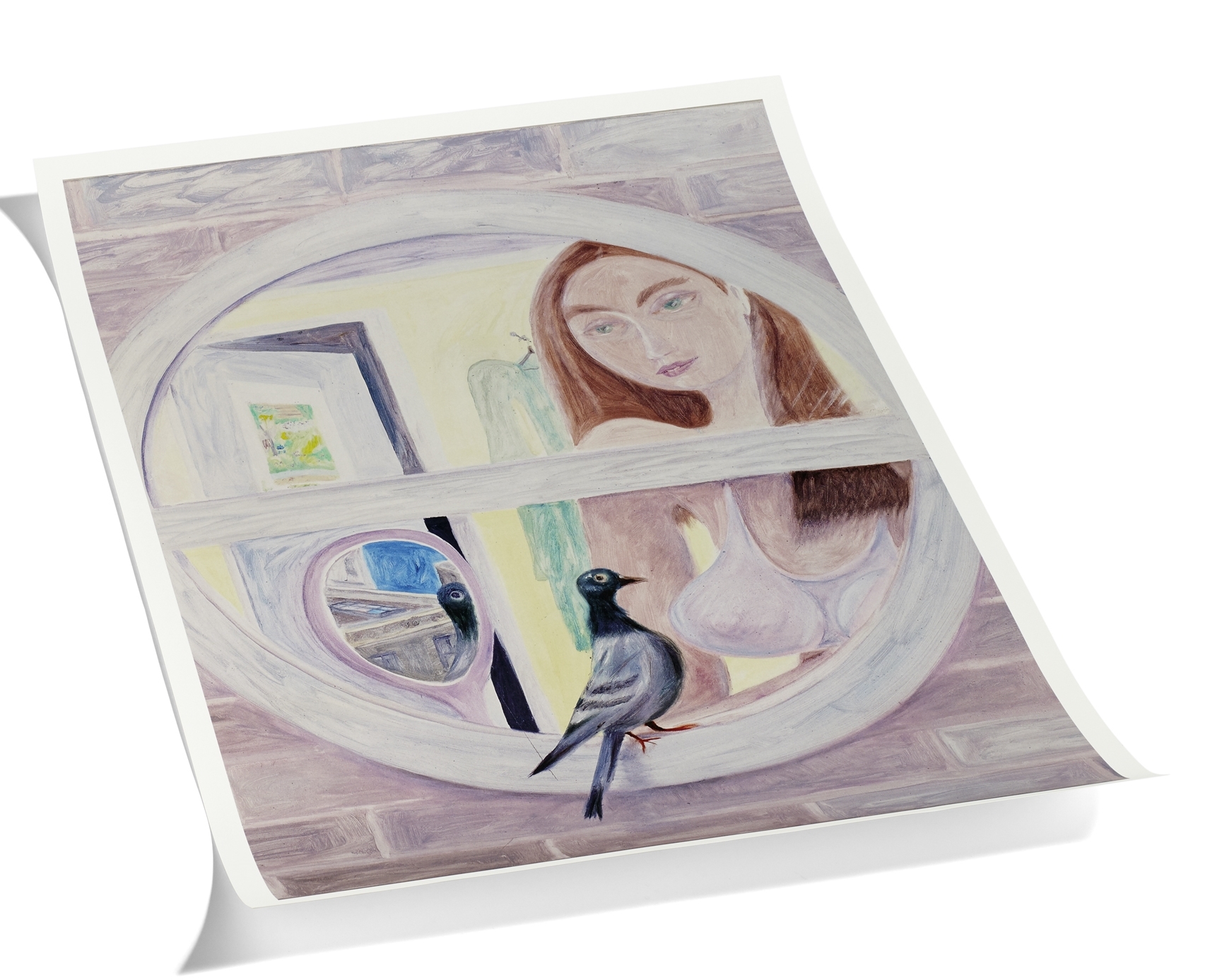Poster Charlie Roberts: Frau am Fenster mit Taube, Kunstdruck als Wanddekoration.