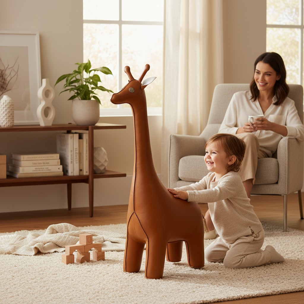 Kleinkind spielt mit großer Ledertier Giraffe im Wohnzimmer, Mutter sitzt entspannt im Sessel.