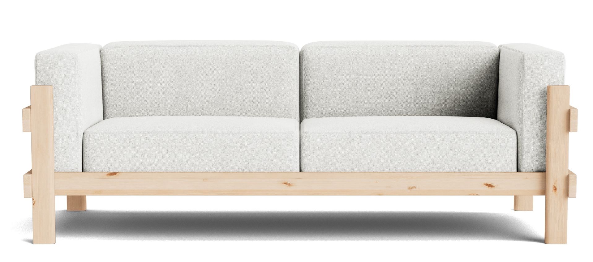 Normann Copenhagen Kube Sofa, hellgrauer Zweisitzer mit Holzrahmen, modernes Design für Wohnzimmer und Lounge-Bereiche.