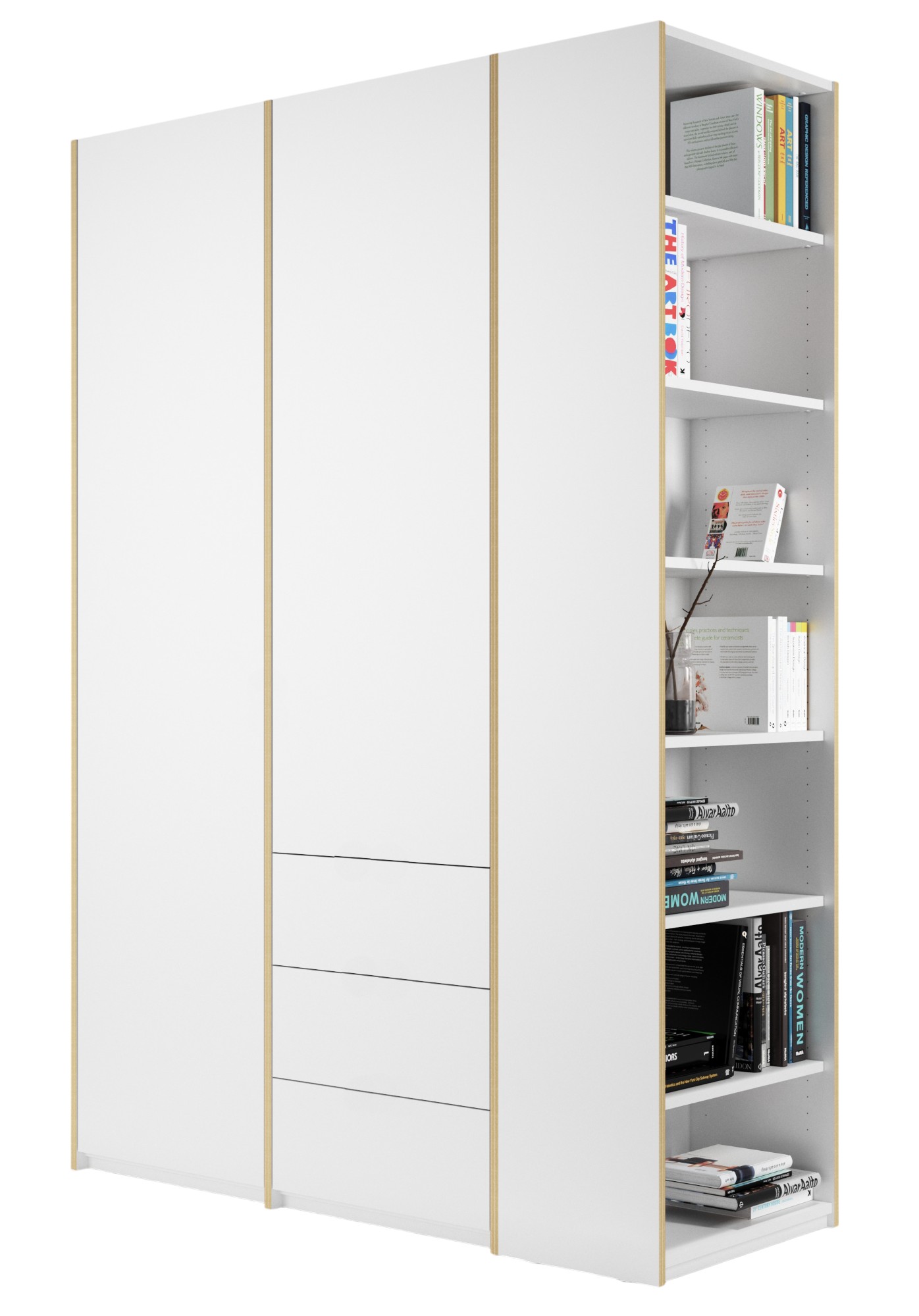 MODULAR PLUS wardrobe combination with add-on shelf on the right and 3 drawers Müller Möbelwerkstätten
