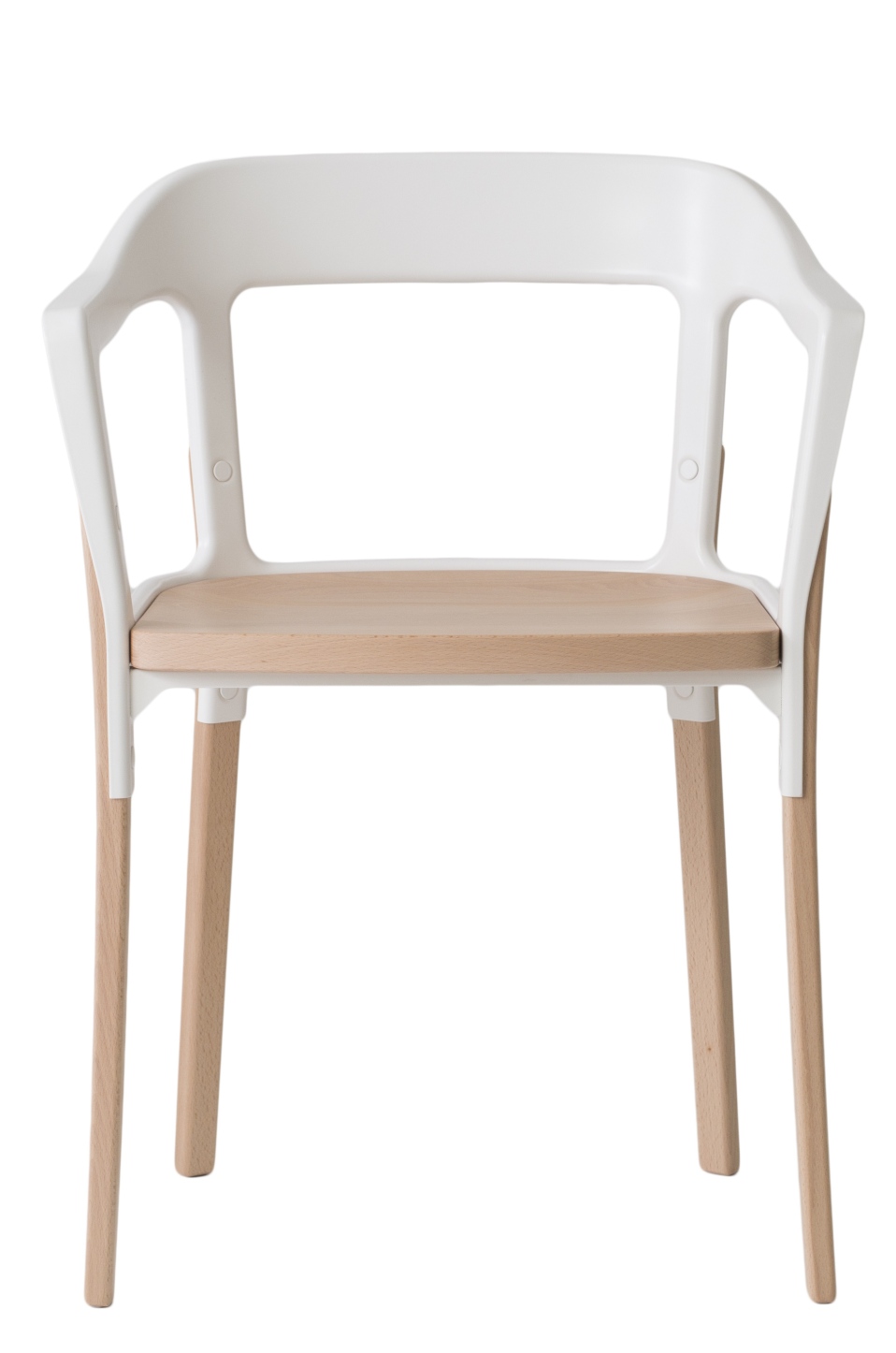 Magis Steelwood Chair Stuhl: Moderner Armlehnstuhl mit weißer Kunststofflehne und hellem Holzgestell, Frontansicht.