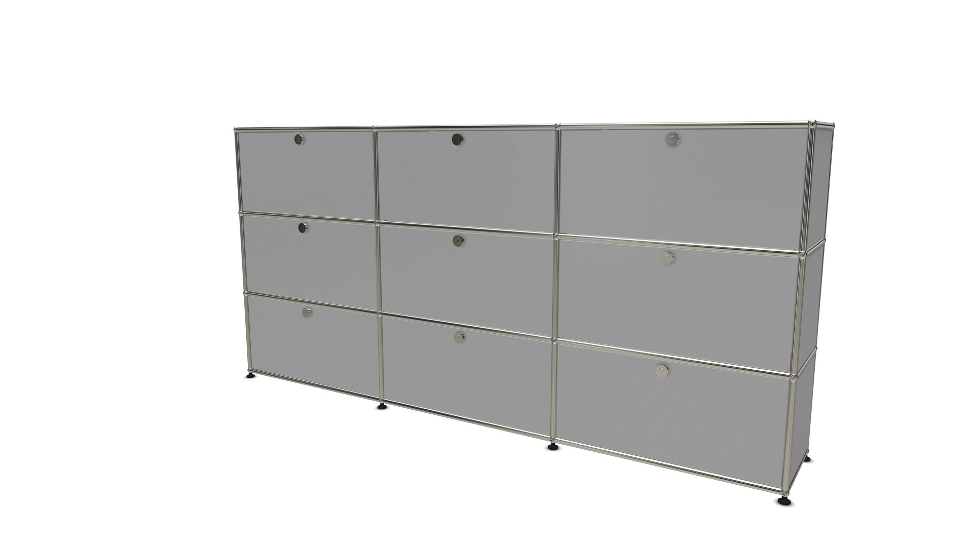 USM Haller Highboard in Lichtgrau mit neun Klappen, modernes modulares Möbeldesign für Büro und Wohnraum.
