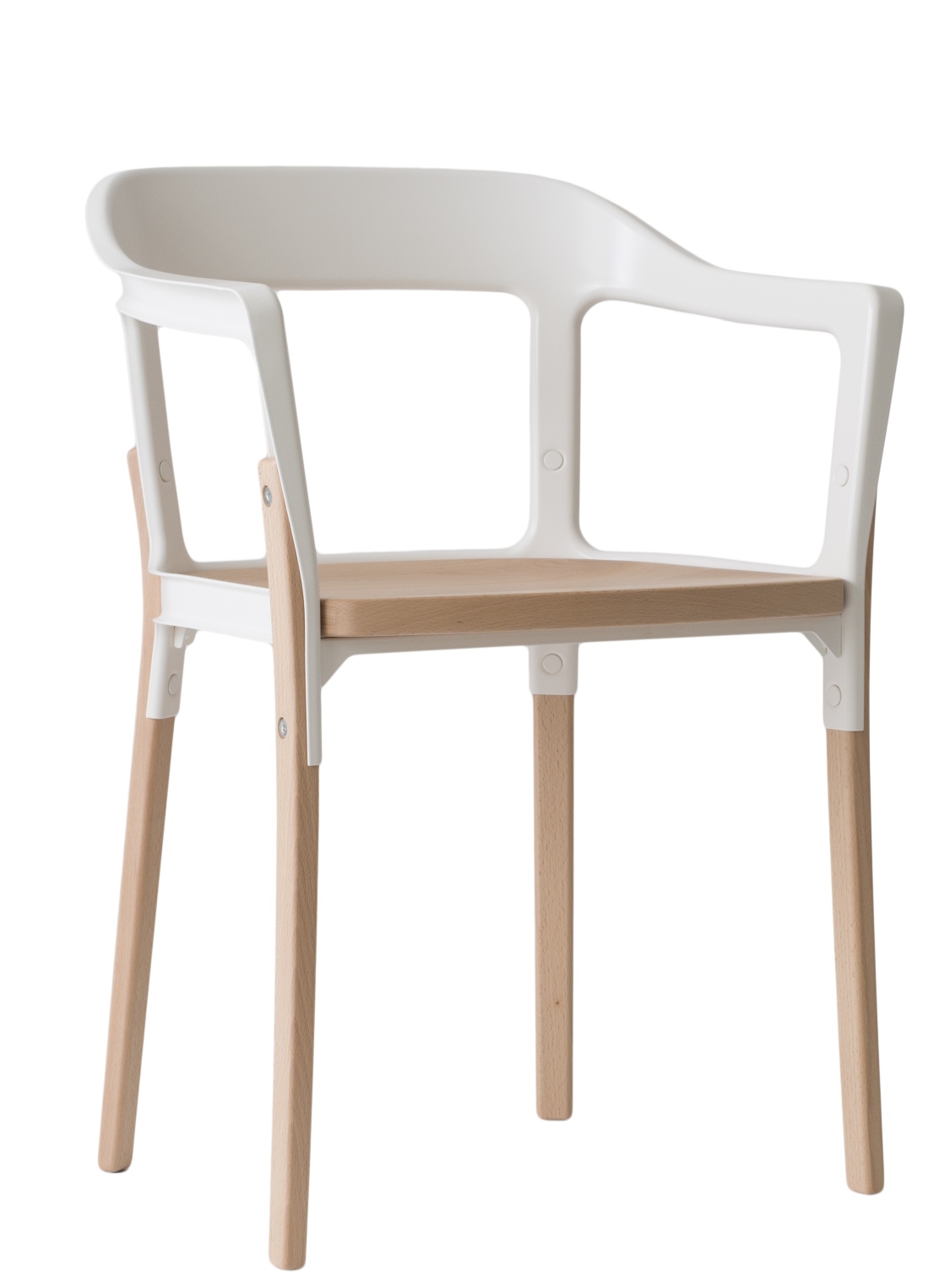 Magis Steelwood Chair Stuhl: Weißer Designstuhl mit Armlehne und hellem Holzgestell für Esszimmer oder Büro.