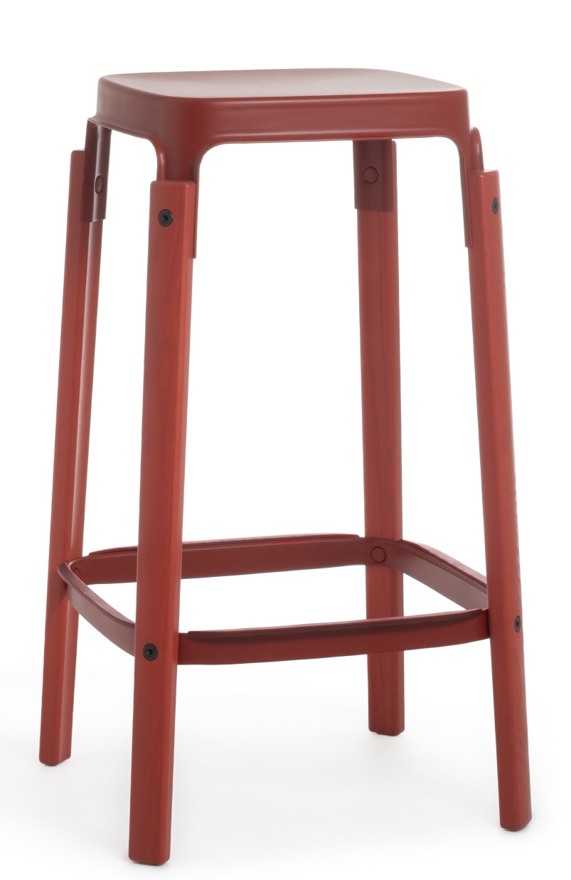 Steelwood Hocker von Magis, roter Barhocker aus Holz und Stahl, modernes Möbeldesign.