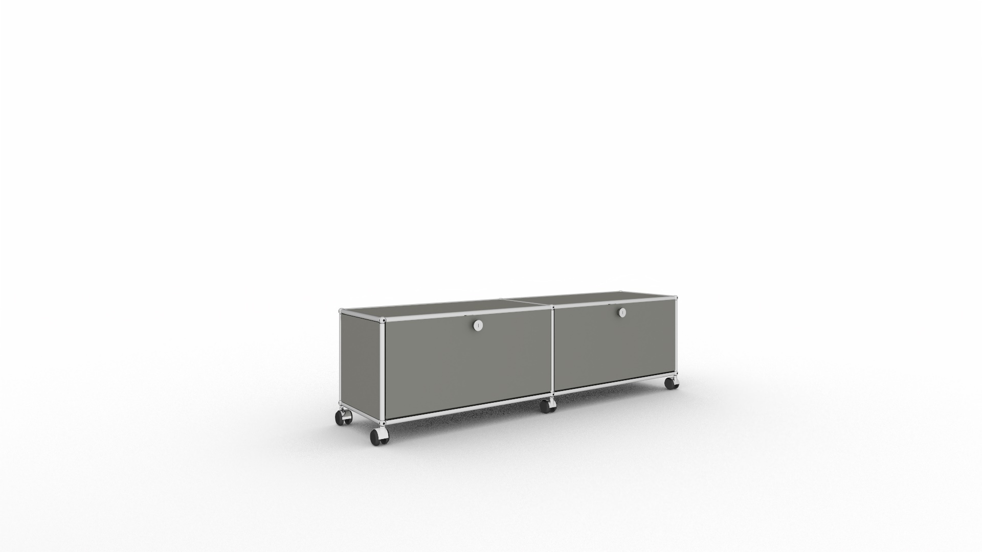 USM Haller Lowboard in Mittelgrau mit zwei Fächern und Rollen für das Wohnzimmer.