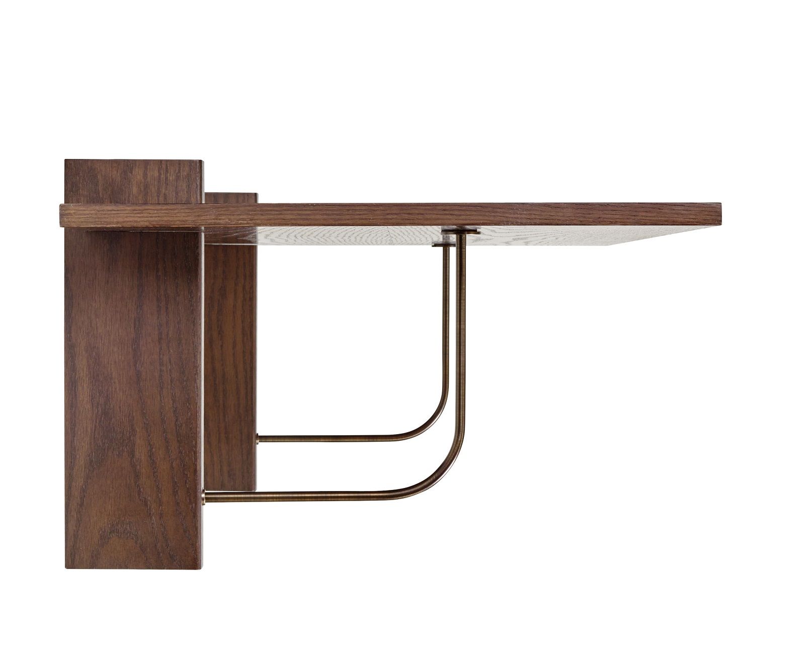 Corbel Wall Desk von Audo Copenhagen, minimalistischer Wandschreibtisch aus dunklem Holz mit filigranen Metallstreben.