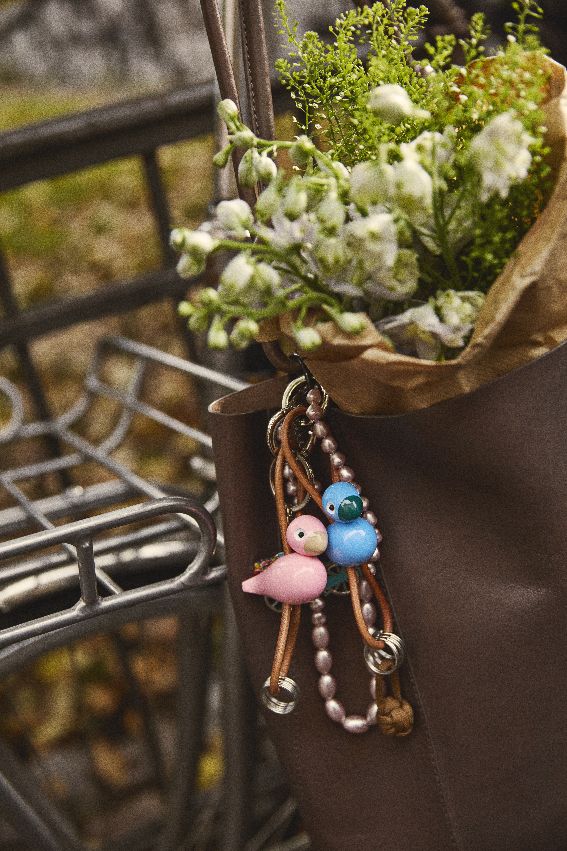 Bird blue key ring silver coloured metal with natural leather Kay Bojesen