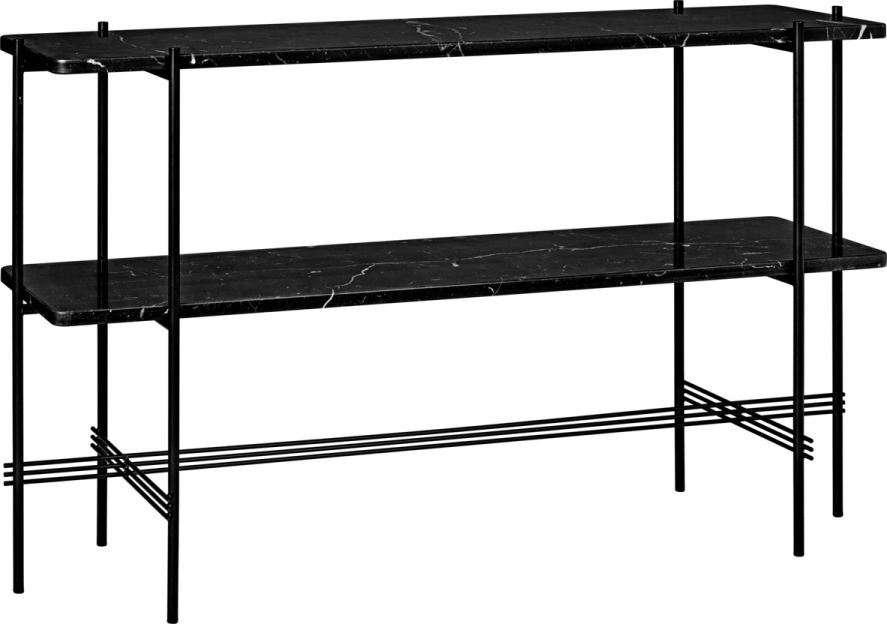 TS Konsole von Gubi mit zwei Ebenen aus schwarzem Marquina Marmor und schwarzem Metallgestell.