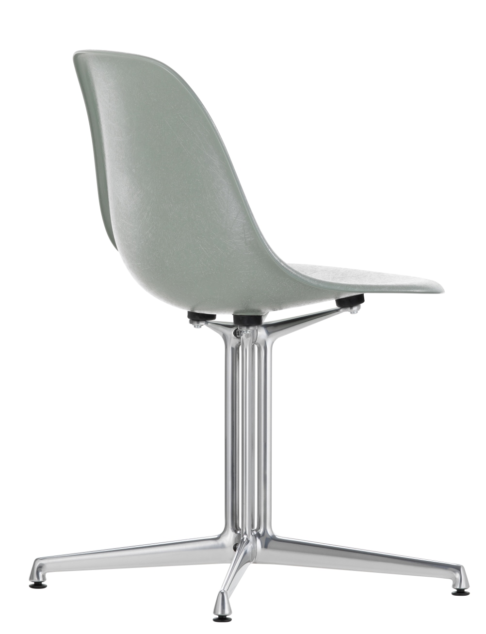 Eames Fiberglass Side Chair DSL Stuhl von Vitra, graue Sitzschale mit verchromtem Vierfuß-Gestell.