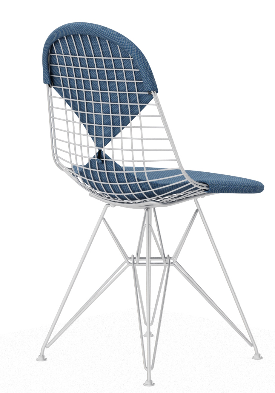 Vitra Wire Chair Bikini Outdoor, Stuhl mit blauem Sitzpolster und Rückenlehne aus Draht.