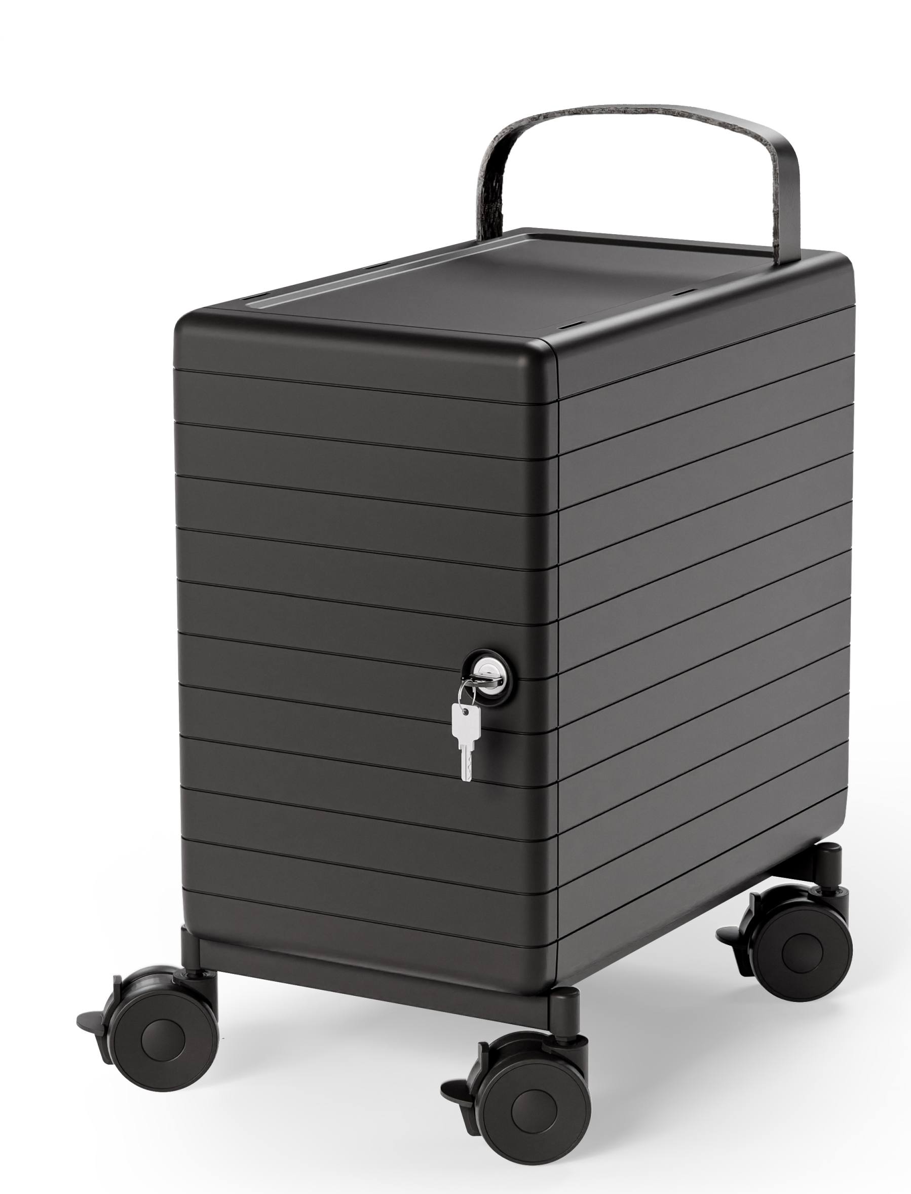 Schwarzer Personalbox Container von König und Neurath mit Rollen und Schlüssel für Büroorganisation.