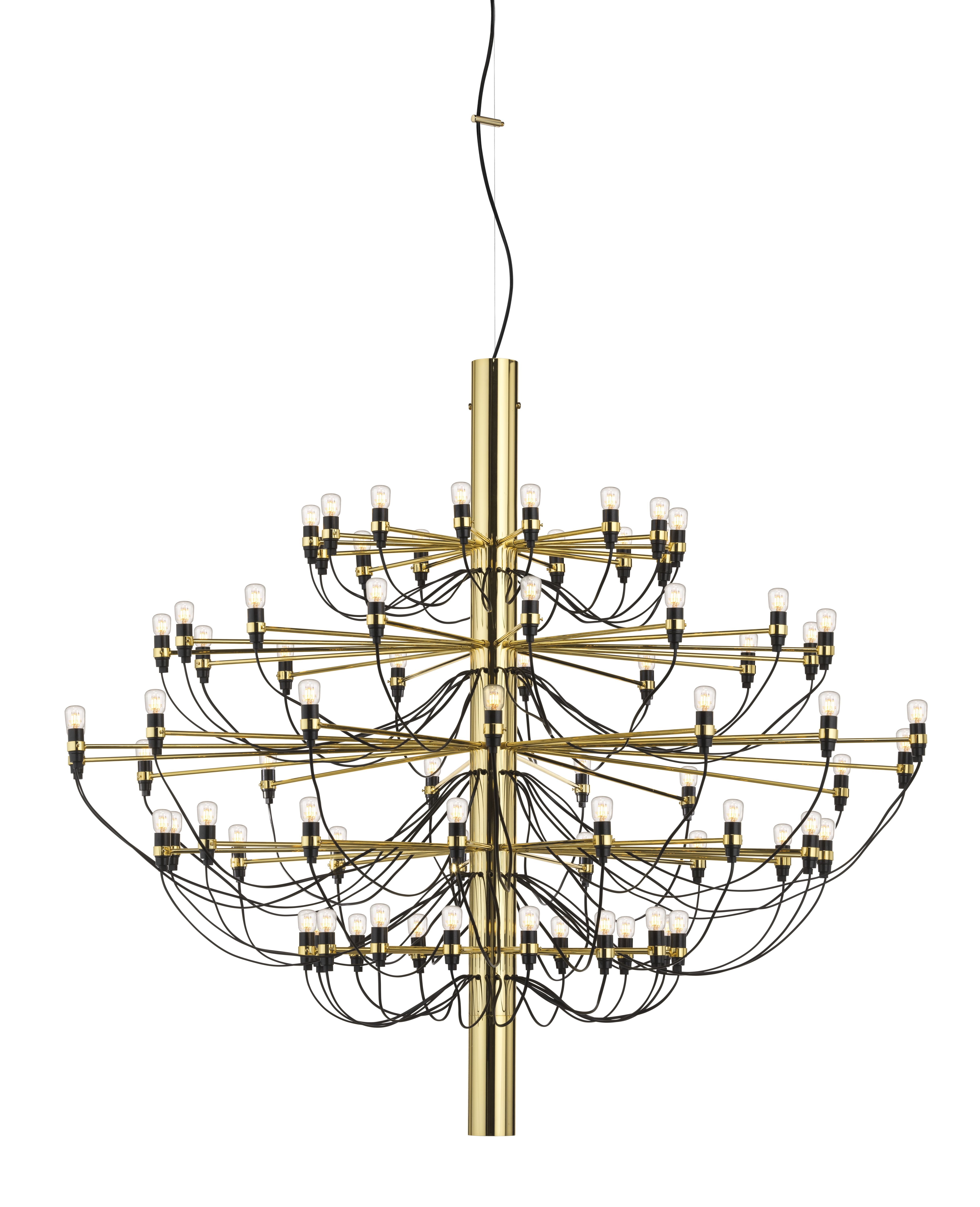 Flos 2097/75 Kronleuchter aus Messing mit klaren Glühbirnen, modernes Design für Wohnzimmer und Esszimmer.