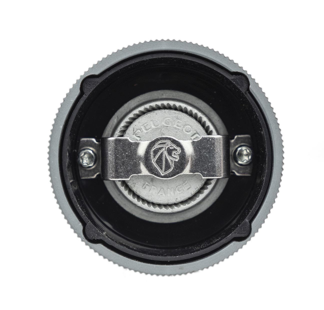 Detailaufnahme des Mahlwerks der Peugeot Line Pfeffermühle H 12 cm in Graphit & Carbon.