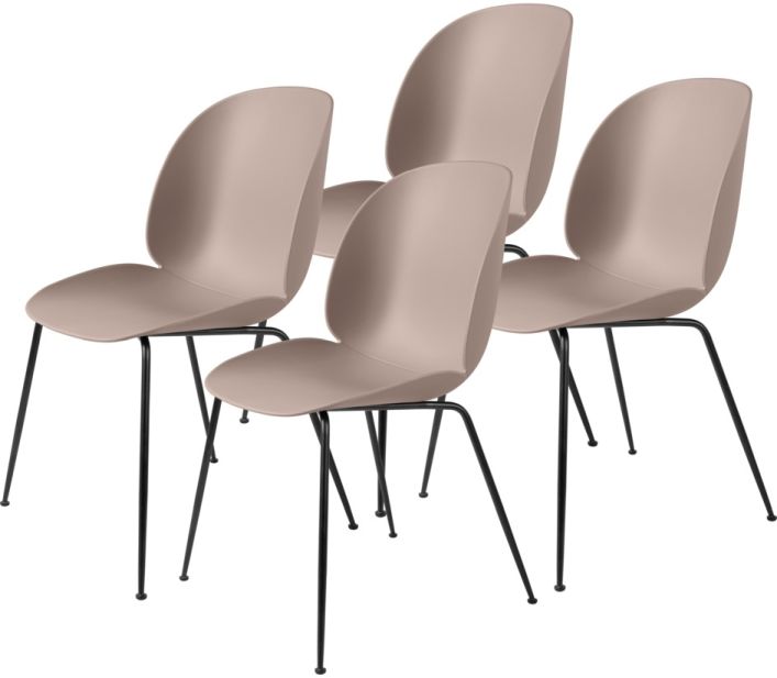 Vier Gubi Beetle Chair Esszimmerstühle in Sweet Pink mit schwarzem Gestell. Ungepolsterte Sitzschalen.