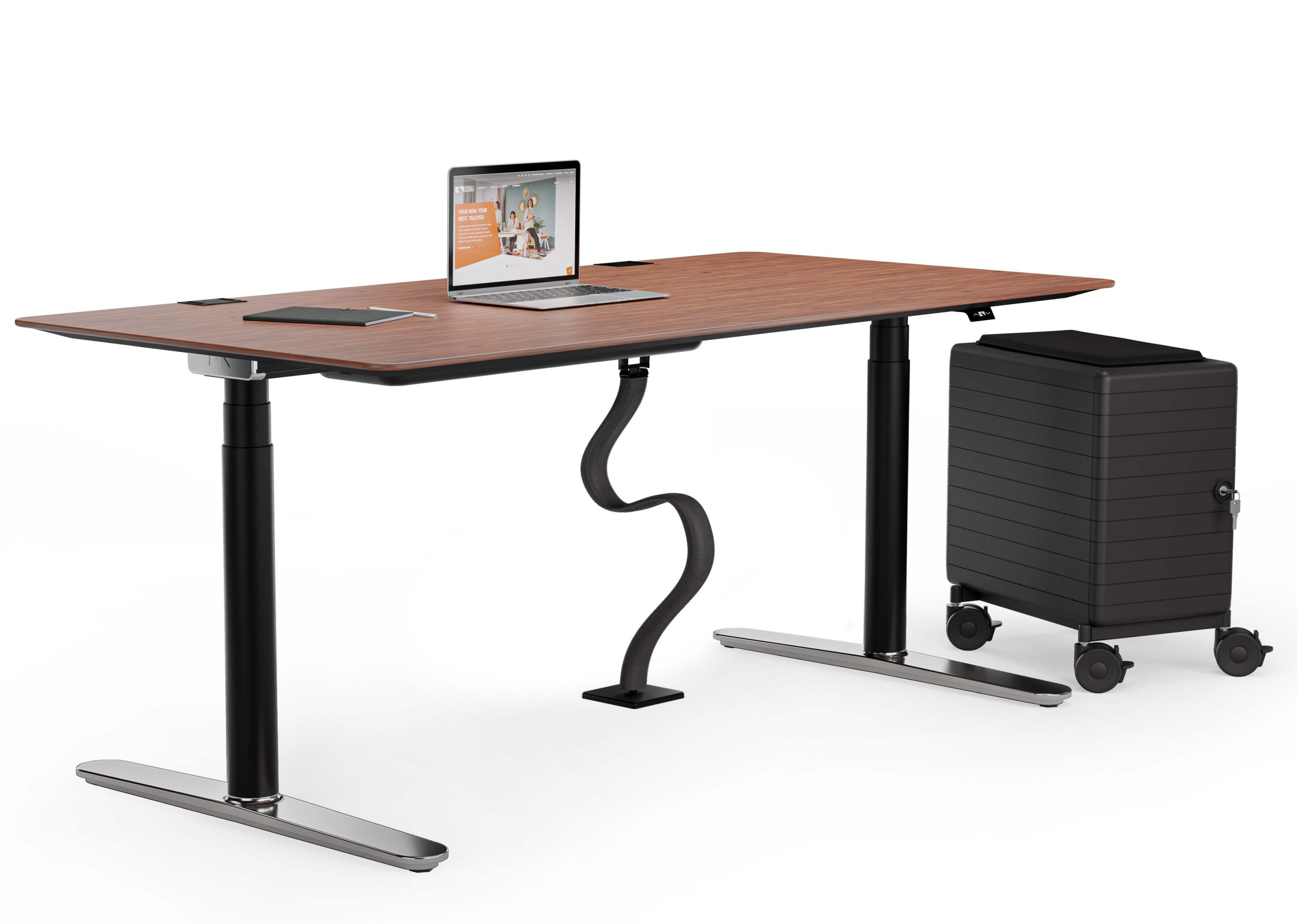 Personalbox Container von König und Neurath neben höhenverstellbarem Schreibtisch mit Laptop und Zubehör.