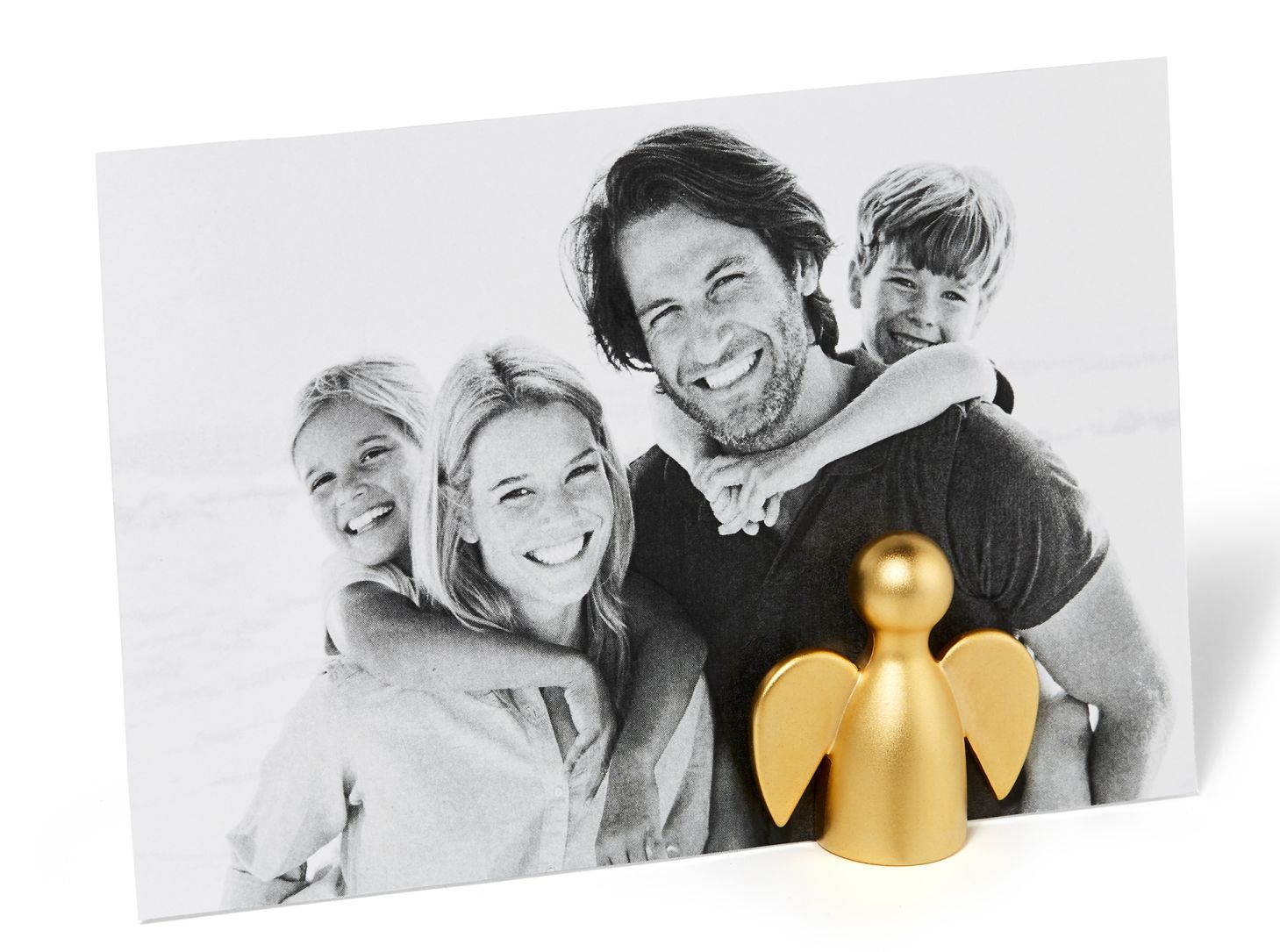 Goldener Angelo Bildhalter von Philippi mit Schwarz-Weiß-Foto einer glücklichen Familie. Dekorativer Bilderrahmen für schöne Erinnerungen.