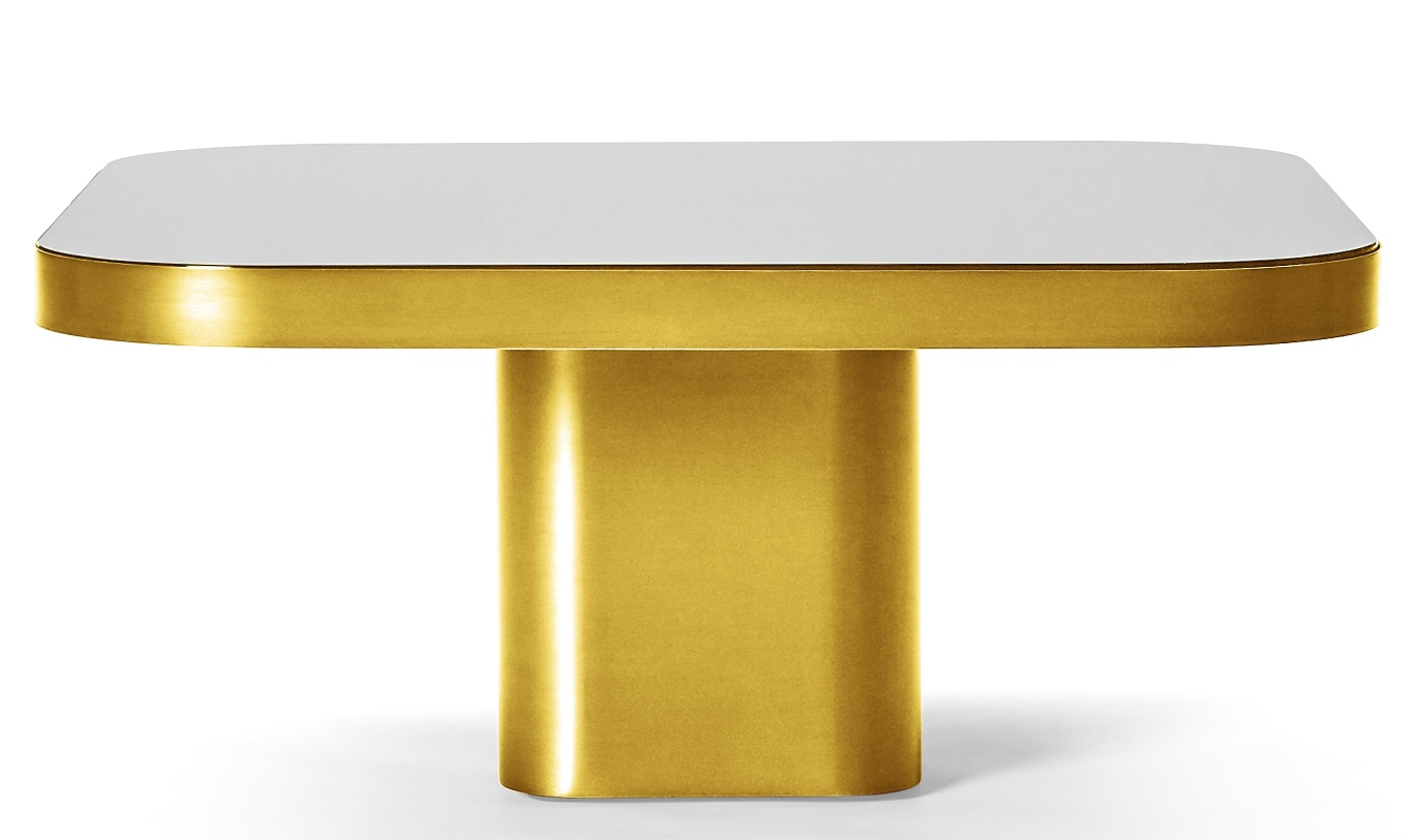 ClassiCon Bow Coffee Table No. 3: Moderner Couchtisch mit weißer Tischplatte und goldenem Metallfuß.