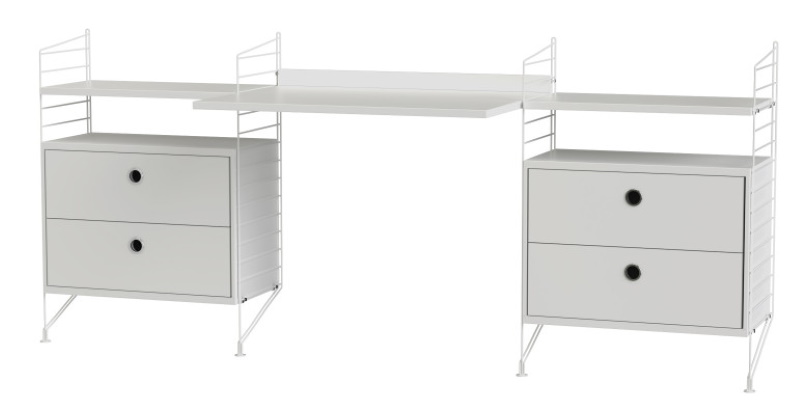 Weißes String Regal mit Schreibtisch und Schubladen für das Arbeitszimmer.