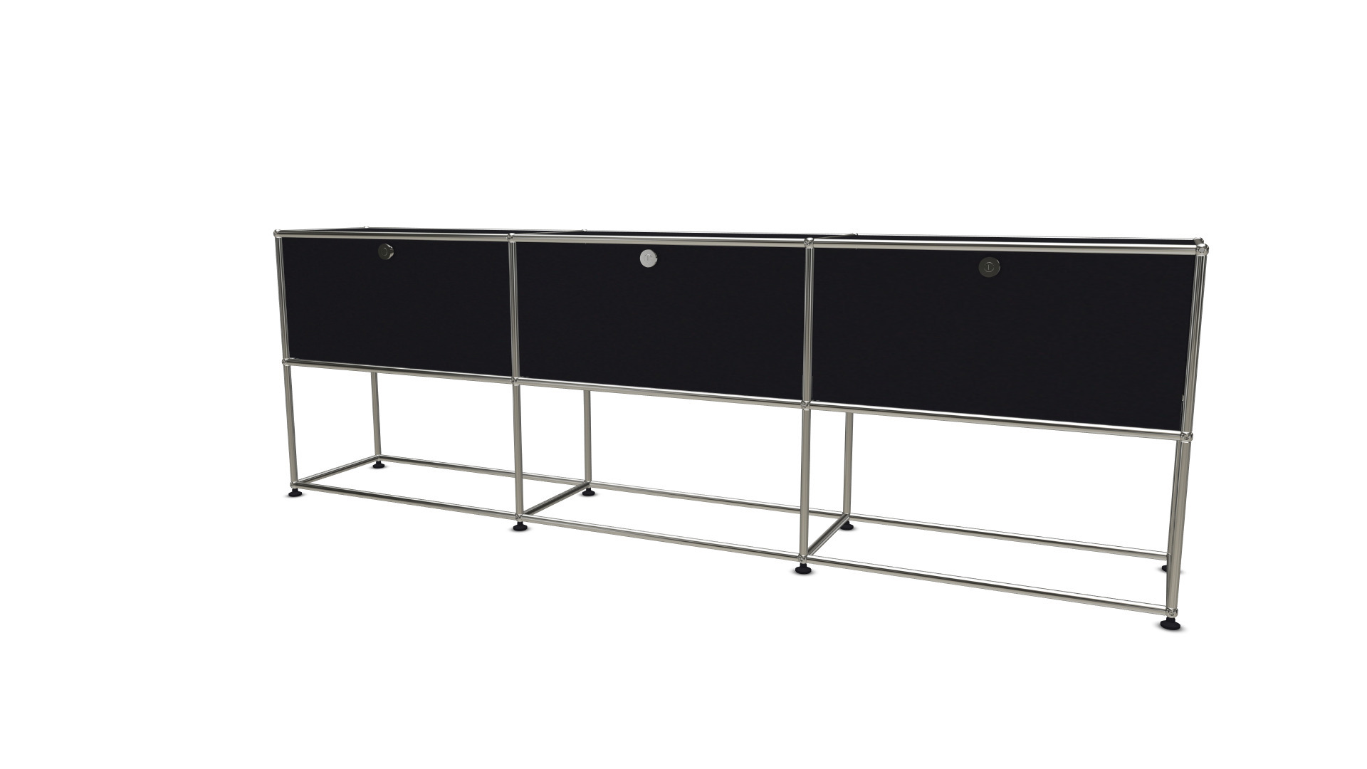 Schwarzes USM Haller Sideboard mit drei Klappen und verchromtem Gestell für modernes Wohnen.