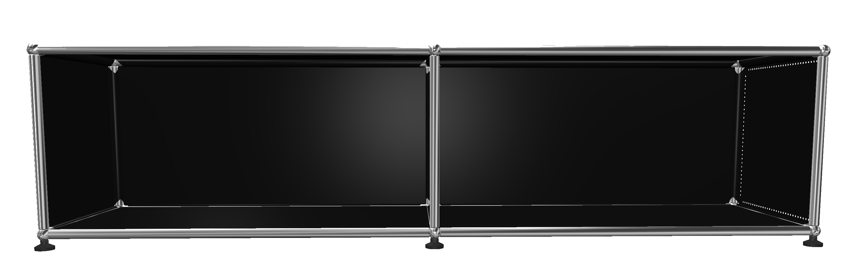 USM Haller Lowboard in Graphitschwarz mit offenen Fächern und verchromtem Gestell für modernes Wohnen.
