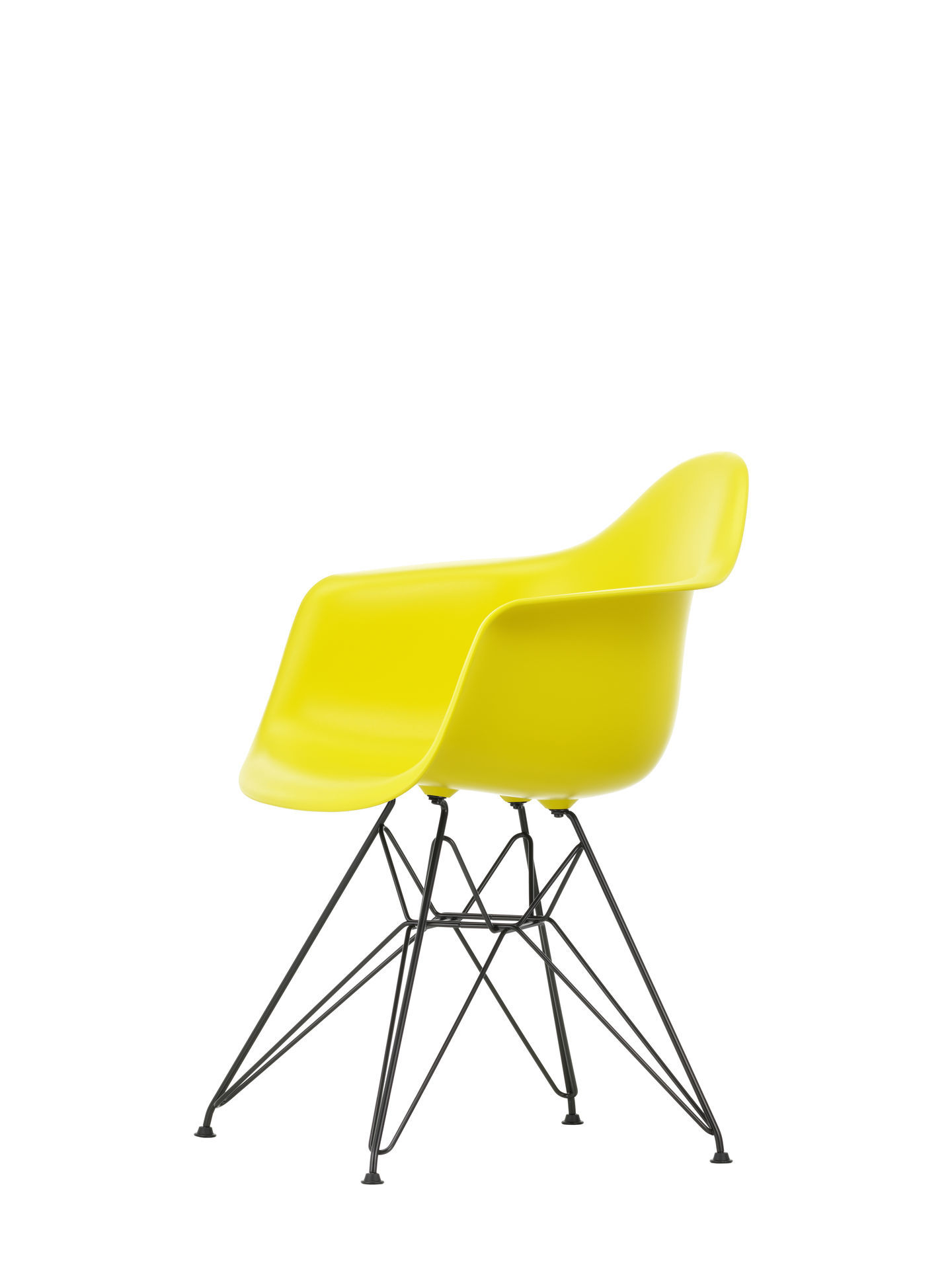 Gelber Eames Plastic Arm Chair DAR Stuhl von Vitra mit verchromtem Gestell, Seitenansicht.