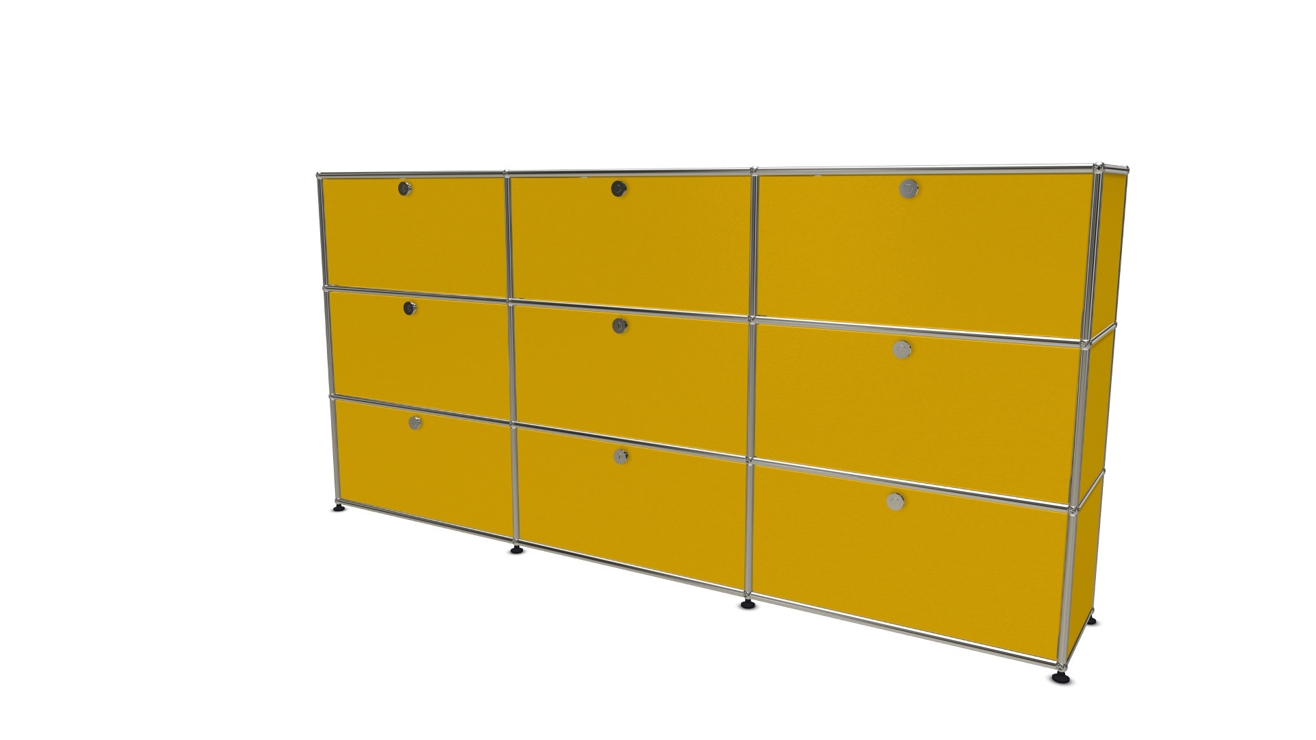 Gelbes USM Haller Highboard mit neun Klappen, modernes Designmöbel für Büro und Wohnraum.
