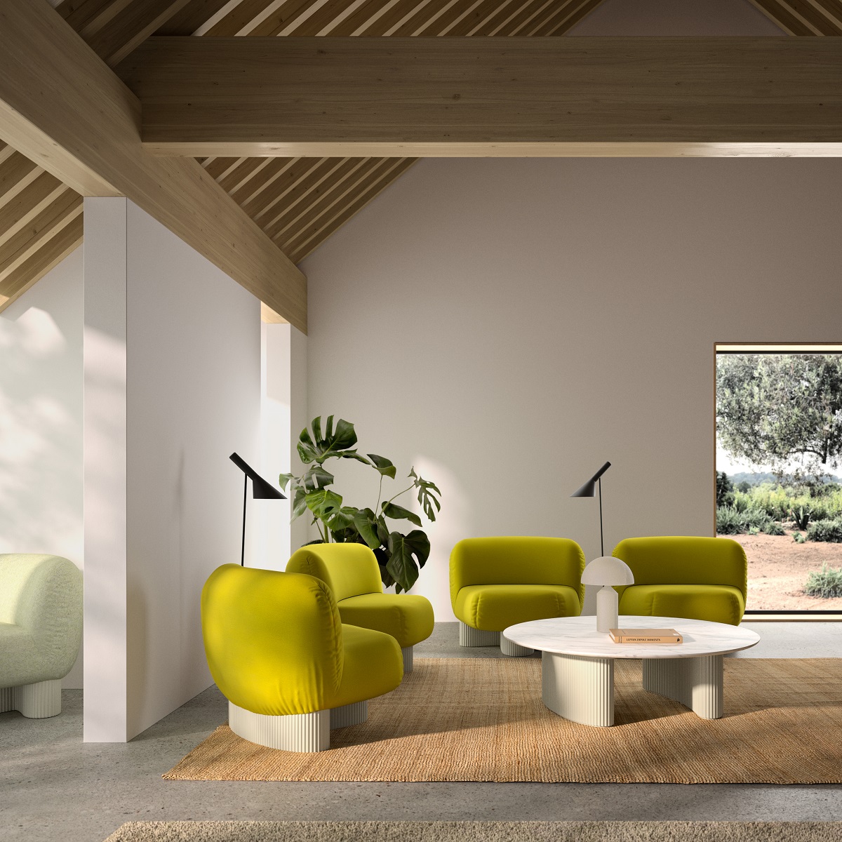 Helles Wohnzimmer mit gelben Sesseln und rundem Bolete Couchtisch von Andreu World.