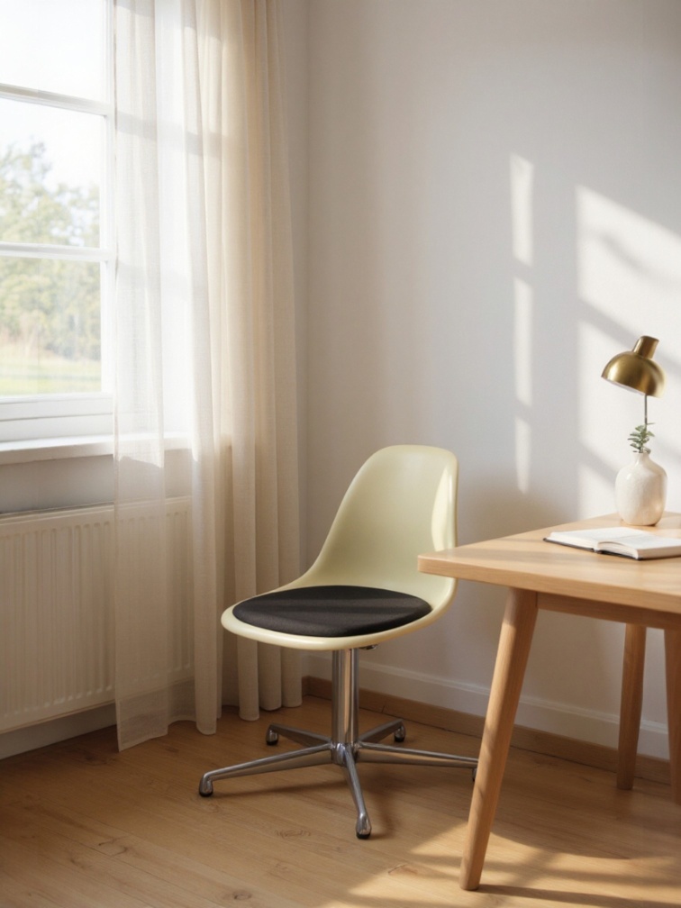 Eames Side Chair DSL von Vitra, Fiberglas Stuhl in Beige mit schwarzem Sitzpolster.