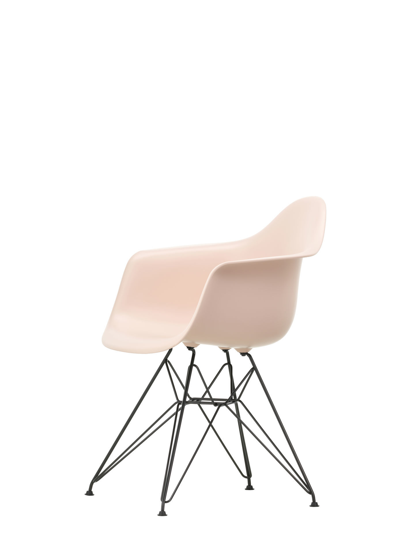 Eames Plastic Arm Chair DAR Stuhl Vitra in Kieselstein mit verchromtem Gestell, seitliche Ansicht.