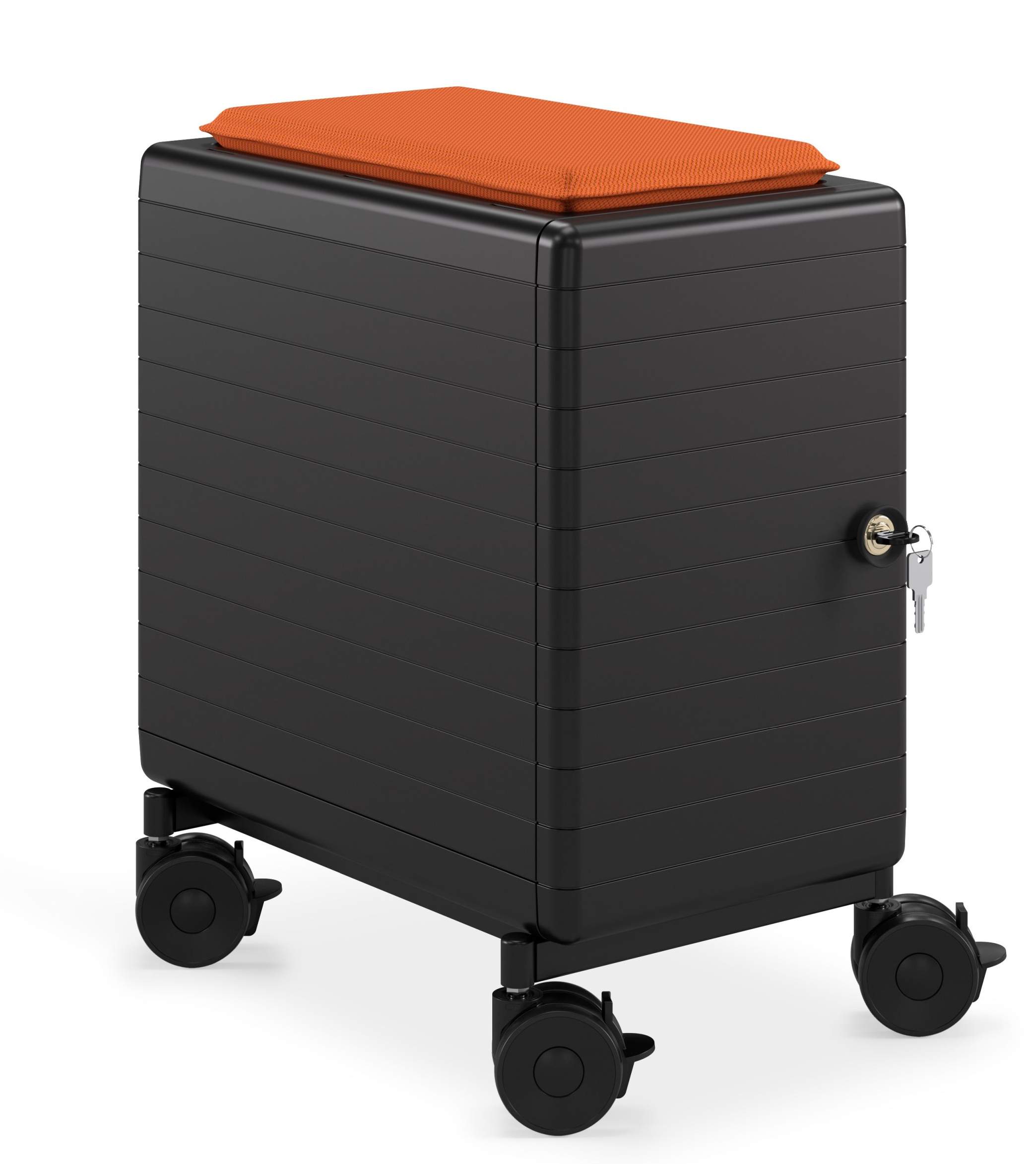 Personalbox Container von König und Neurath, schwarz, mit Rollen und orangefarbenem Sitzkissen, abschließbar.