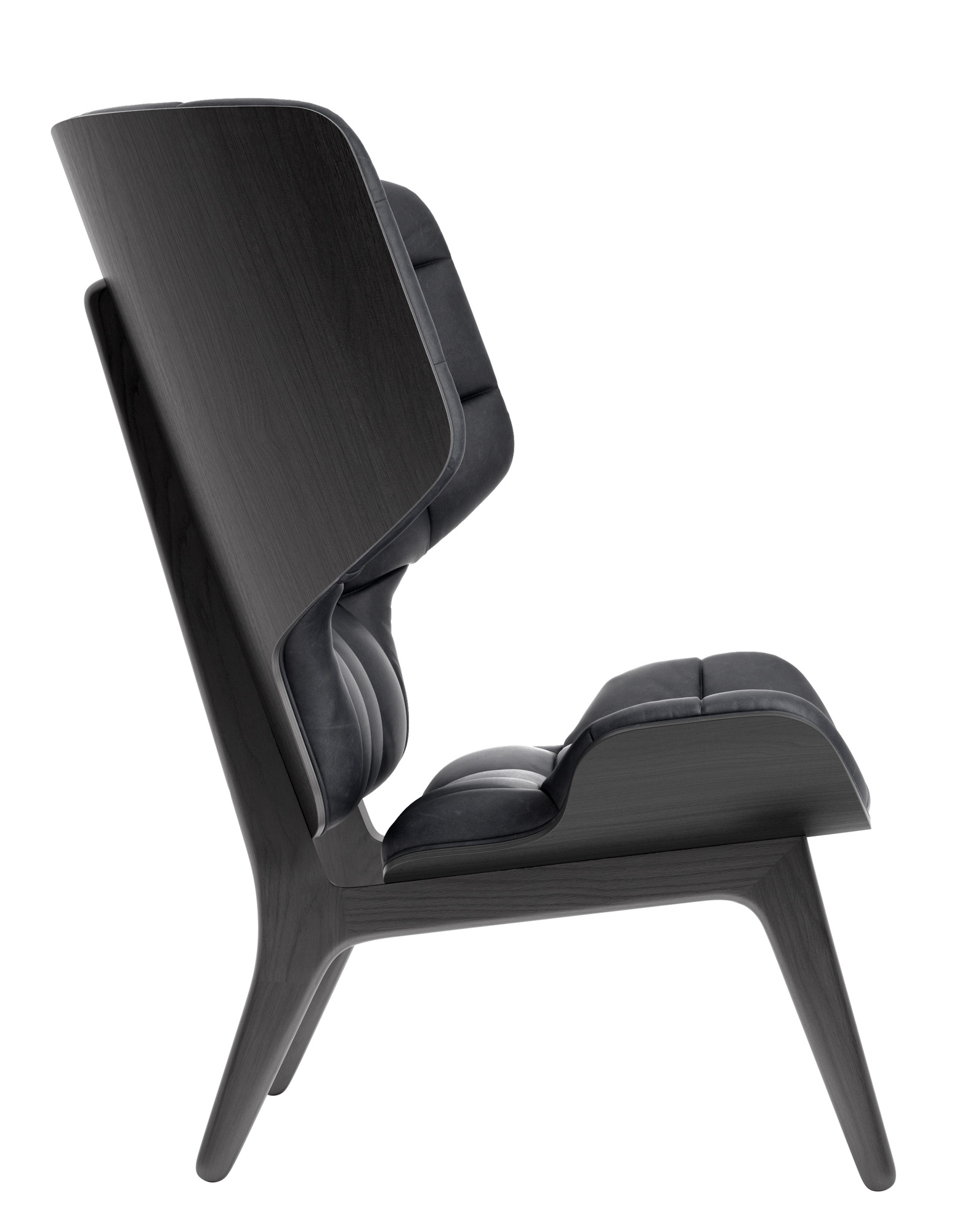 Mammoth Chair Sessel mit Lederbezug in Anthrazit und Eiche schwarz, seitliche Ansicht.