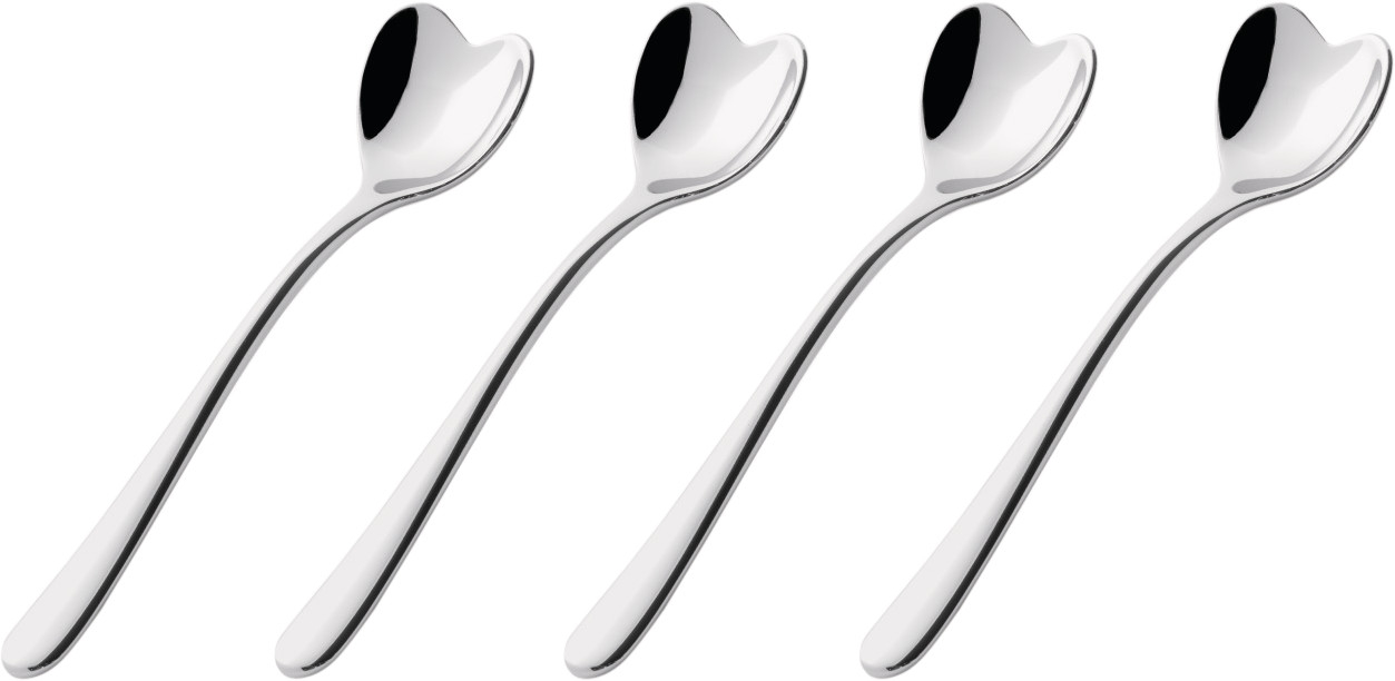 Vier silberne AMMI08 Herz Moccalöffel von Alessi, perfekt für Kaffee und Dessert.