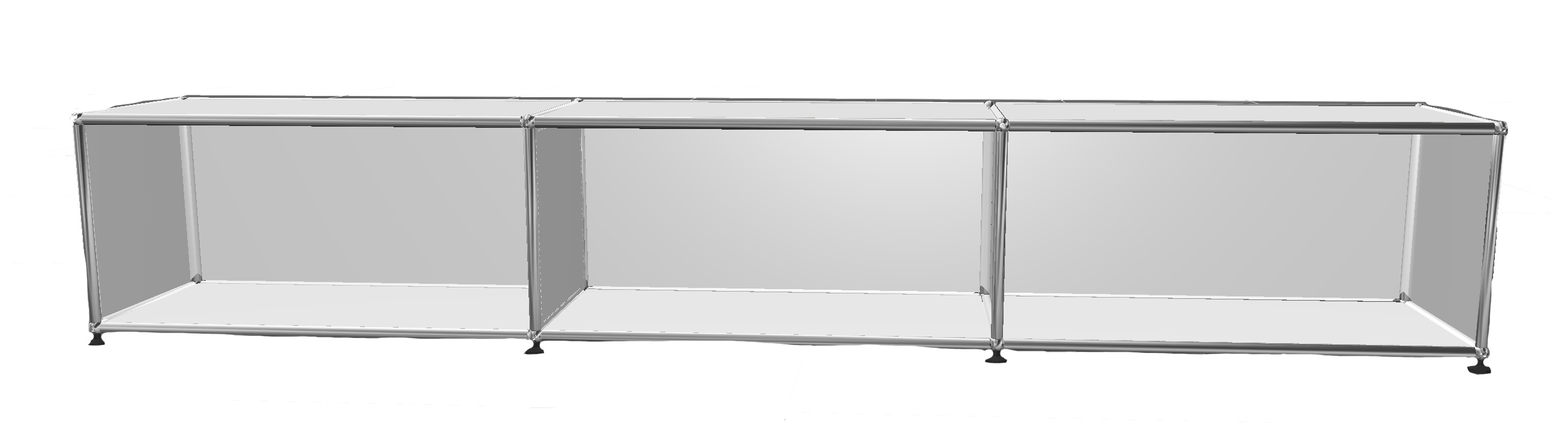 USM Haller Lowboard in Reinweiß mit drei offenen Fächern, modernes modulares Design für Wohnzimmer und Büro.