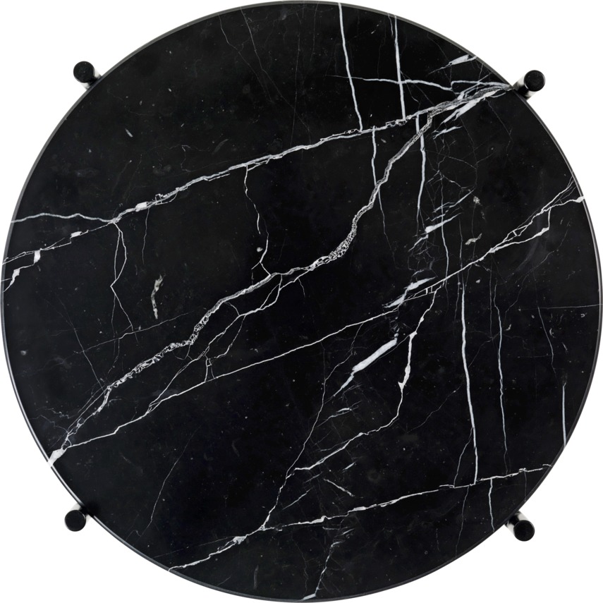 TS Beistelltisch von Gubi mit runder Tischplatte aus schwarzem Marmor und filigranem Metallgestell.