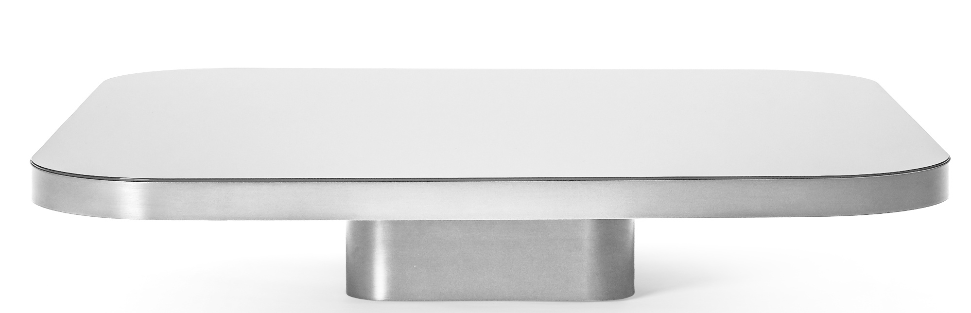 ClassiCon Bow Coffee Table No. 4 mit weißer Tischplatte und gebürstetem Edelstahlfuß, moderne Möbel.