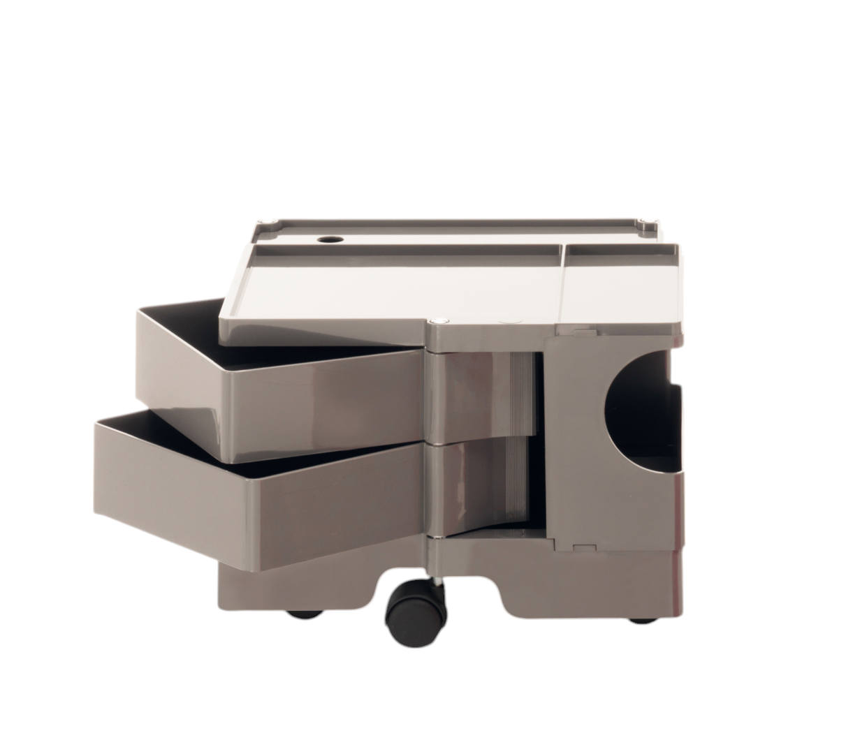 Grauer Boby Rollcontainer mit zwei ausgezogenen Schubladen und Ablagefläche auf Rollen.