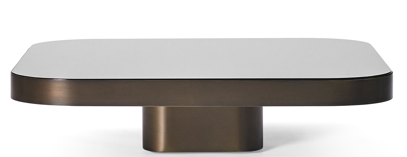 ClassiCon Bow Coffee Table No.1: Moderner Couchtisch mit weißer Tischplatte und bronzefarbenem Metallgestell.