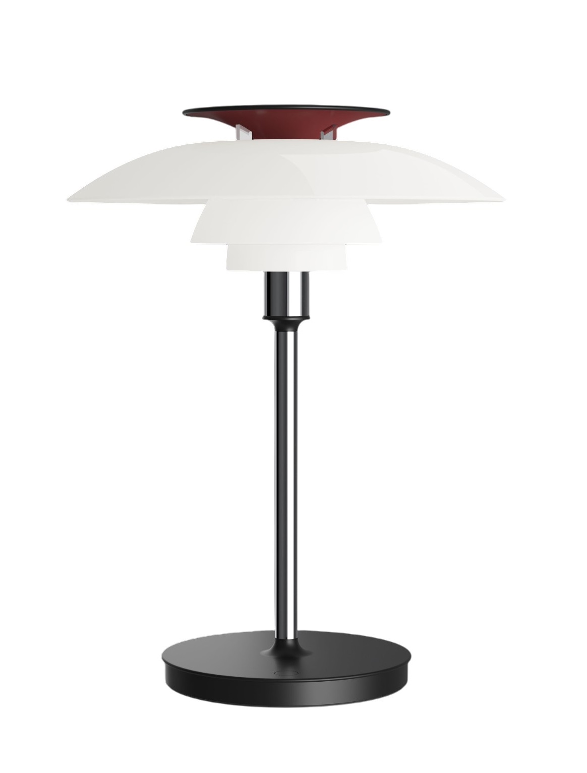 PH 80 Tischleuchte von Louis Poulsen, moderne Akkuleuchte mit dreischirmigem Design für stimmungsvolles Licht.