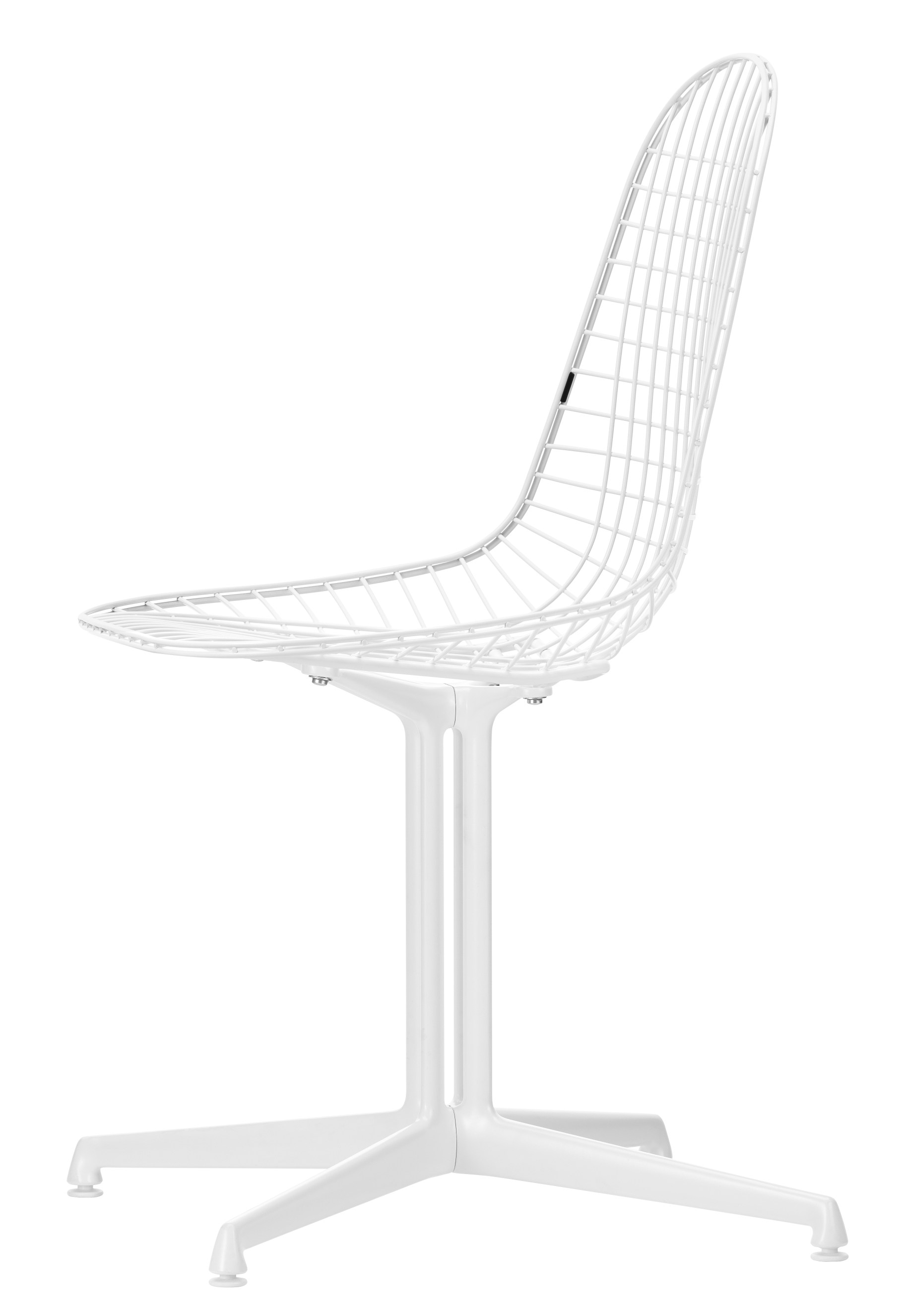 Weißer DKL Wire Chair Stuhl von Vitra, ungepolstert, aus Drahtgeflecht mit filigranem Kufengestell, Seitenansicht.