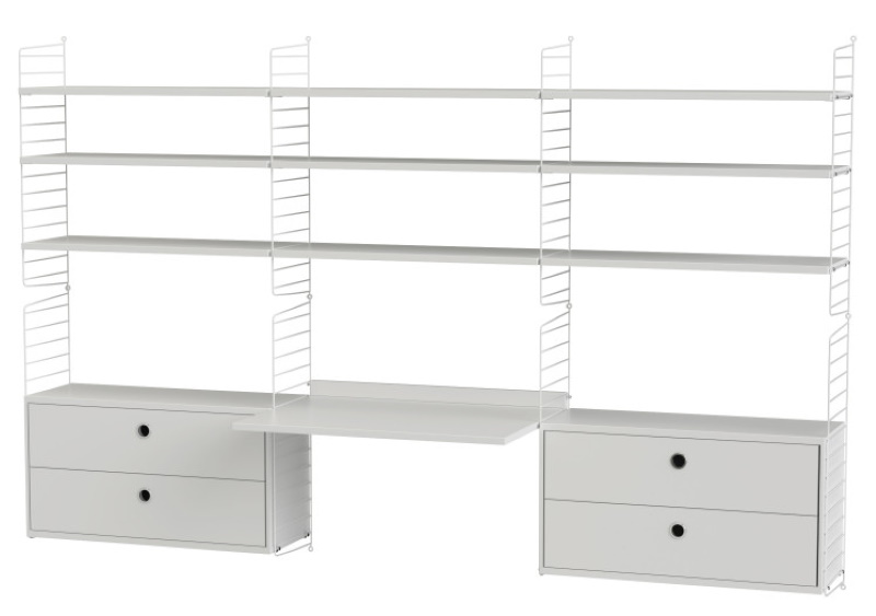 Weißes String Regal mit Schreibtisch und Schubladen, ideal als Arbeitszimmer Arbeitsplatz.