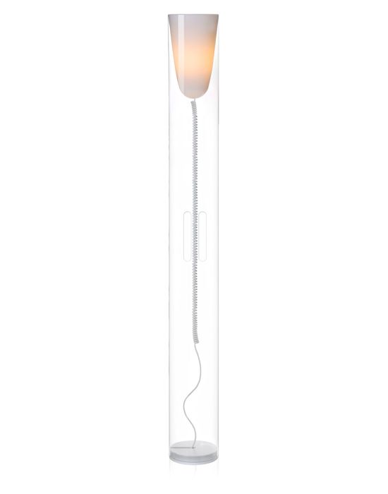 Toobe Stehleuchte von Kartell, moderne transparente Röhrenleuchte mit weißem Lampenschirm und spiralförmigem Kabel.