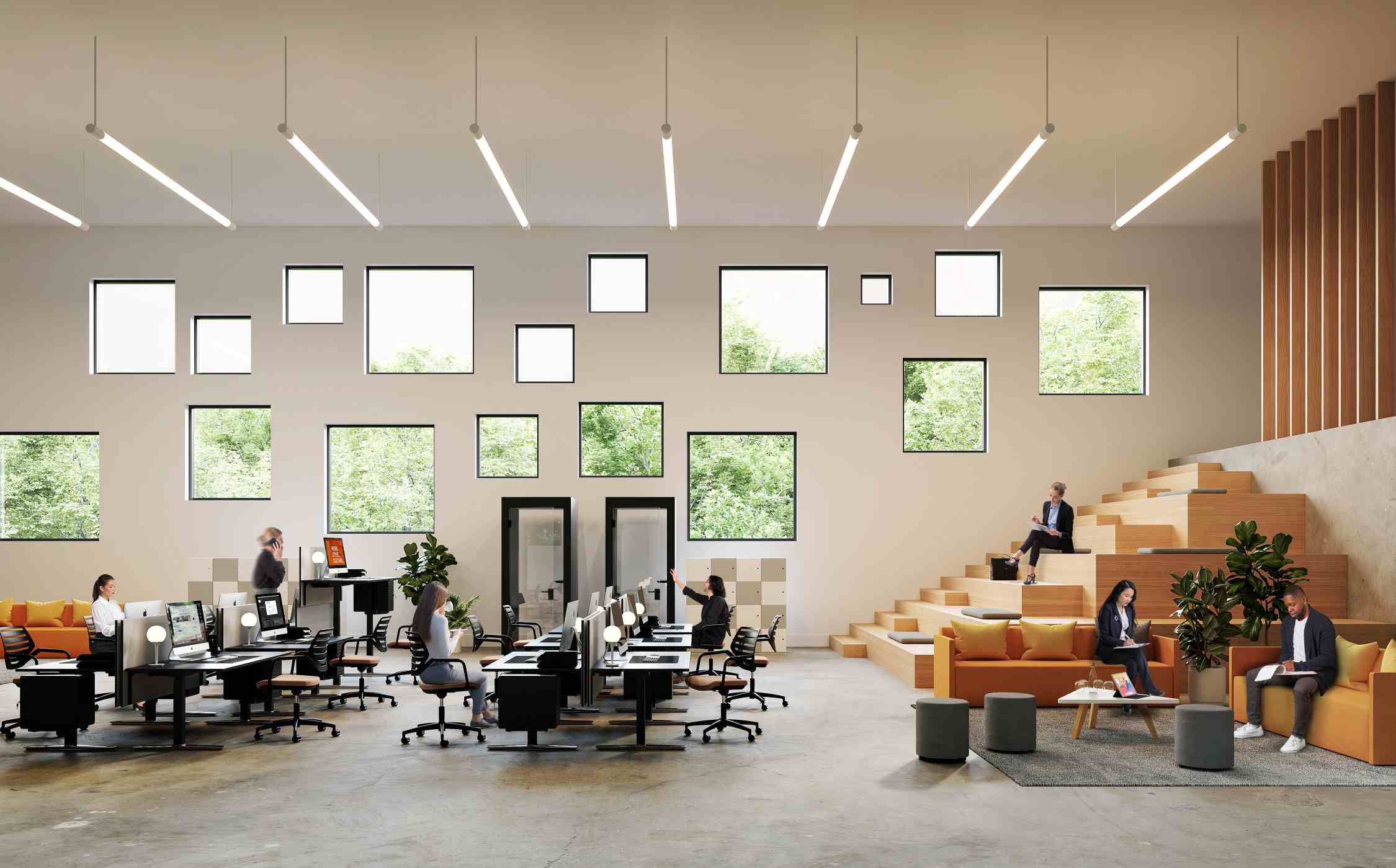 Offene Bürolandschaft mit Personalbox Container von König und Neurath, flexiblen Arbeitsplätzen und Lounge-Bereichen für moderne Büros.