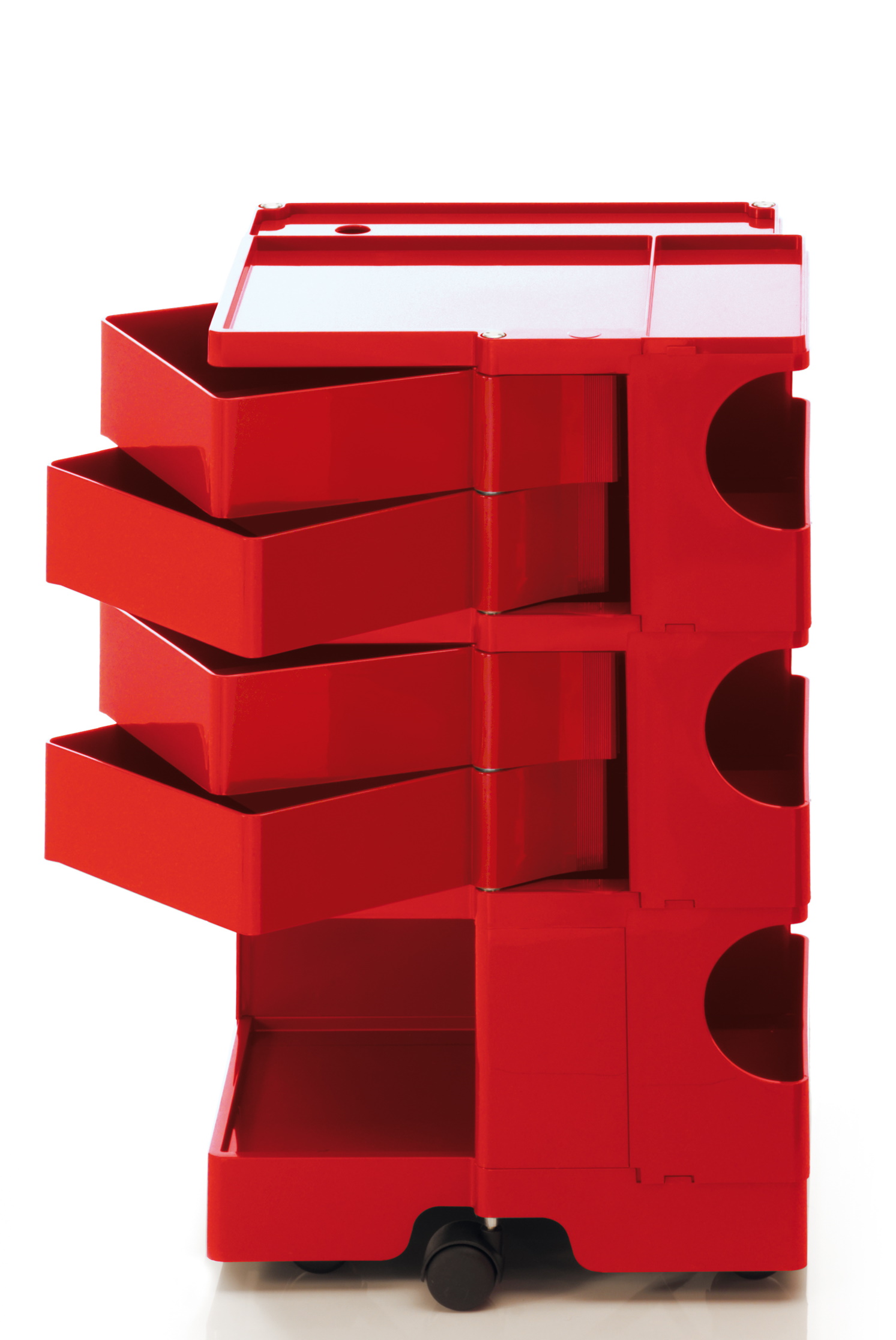 Roter Boby Rollcontainer mit Schubladen und Ablagefächern, ideal für Büro und Arbeitszimmer.