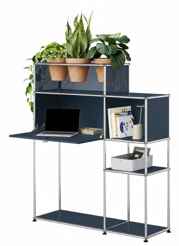 Home office with plant element USM Haller steel blue