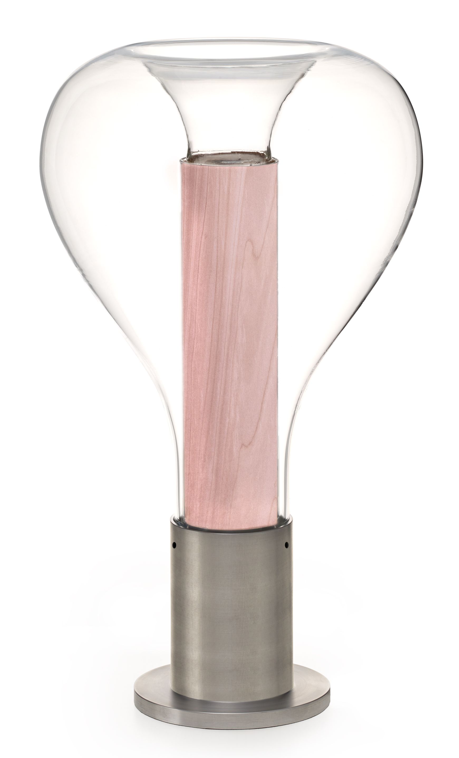 Eris Tischleuchte von LZF Lamps mit hellrosa Holzelement und Aluminiumsockel.