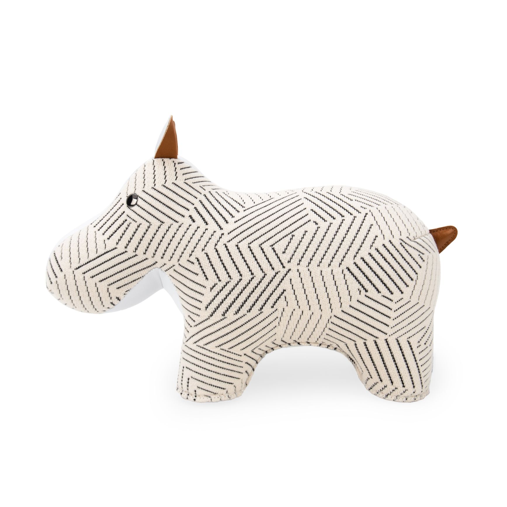 Buchstütze Hippo Razzle Dazzle von Zuny x KVADRAT, Stofftier in Weiß mit geometrischem Muster.